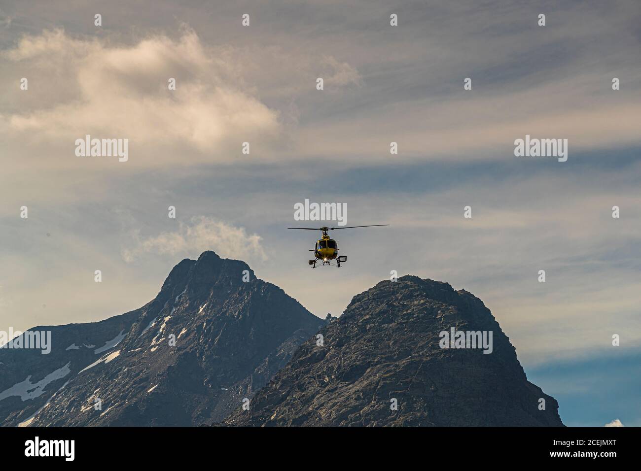 Helicopter in the Alps, Celerina, Switzerland Stock Photo