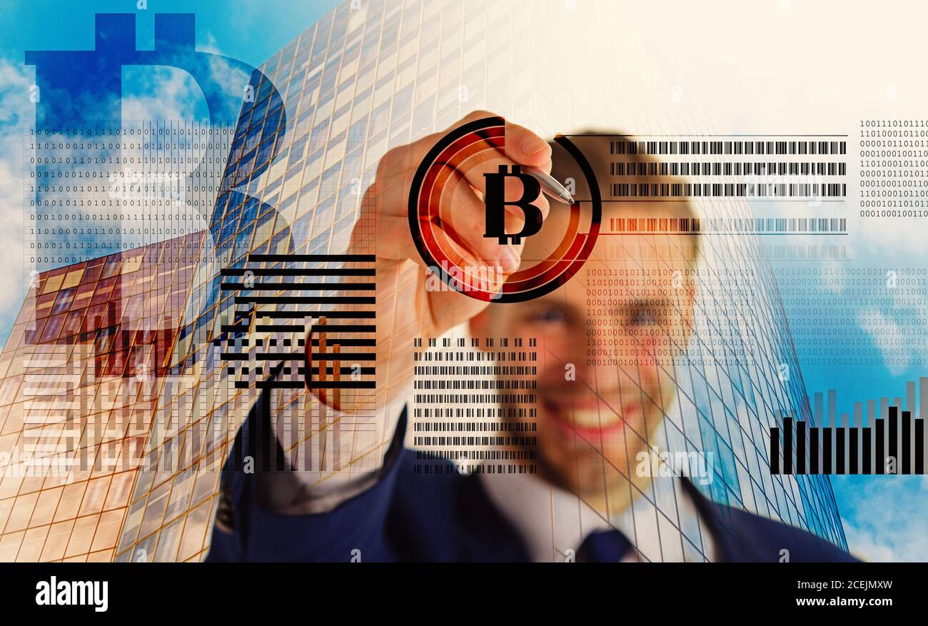 Create bitcoin wallet. Mining crypto currency bitcoin. Solve block earn  profit. Blockchain technology. Mining bitcoin. Future digital money bitcoin.  Man interact virtual display business graphics Stock Photo - Alamy