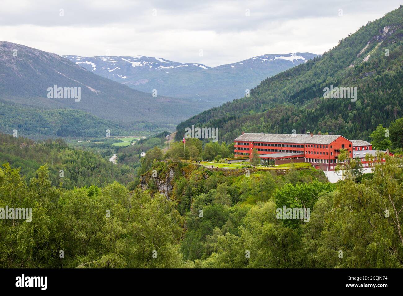 the beautiful view on Naeroydalen valley and peaks on Stalheim, Voss, Norway. Stock Photo