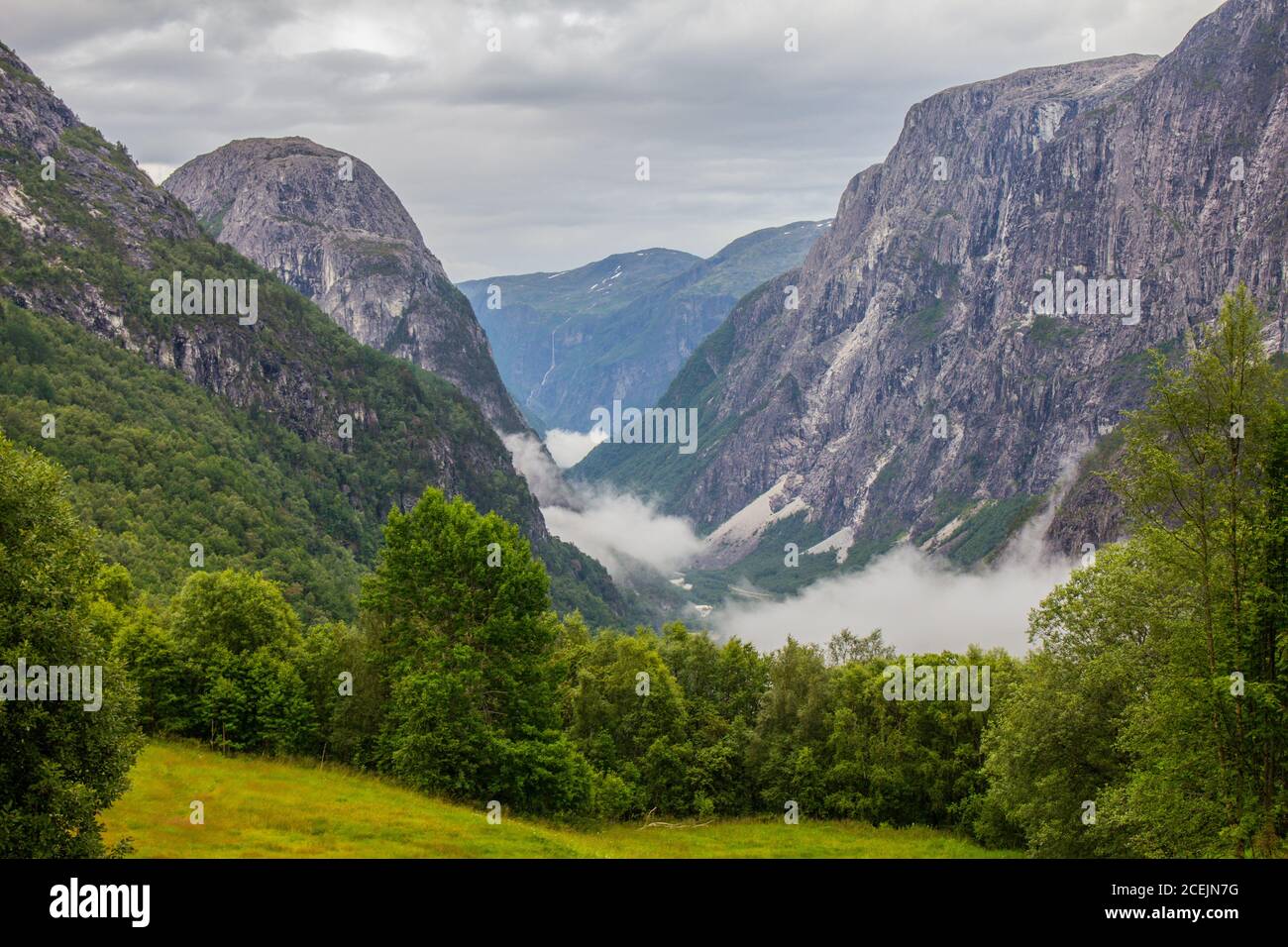 the beautiful view on Naeroydalen valley and peaks on Stalheim, Voss, Norway. Stock Photo