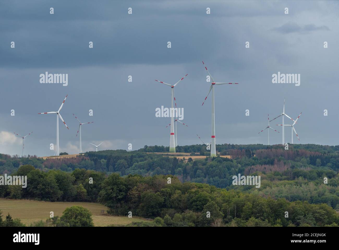 rural landscape in the Hunsruck with wind generators, Rhineland Palatinate, Germany Stock Photo