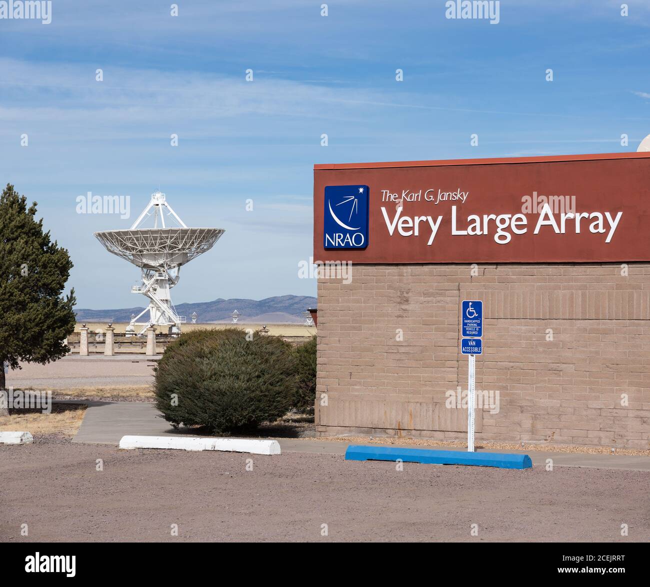 Visitor center and antenna dishes of the Karl G. Jansky Very Large Array radiotelescope astronomy observatory near Magdalena, New Mexico in the United Stock Photo