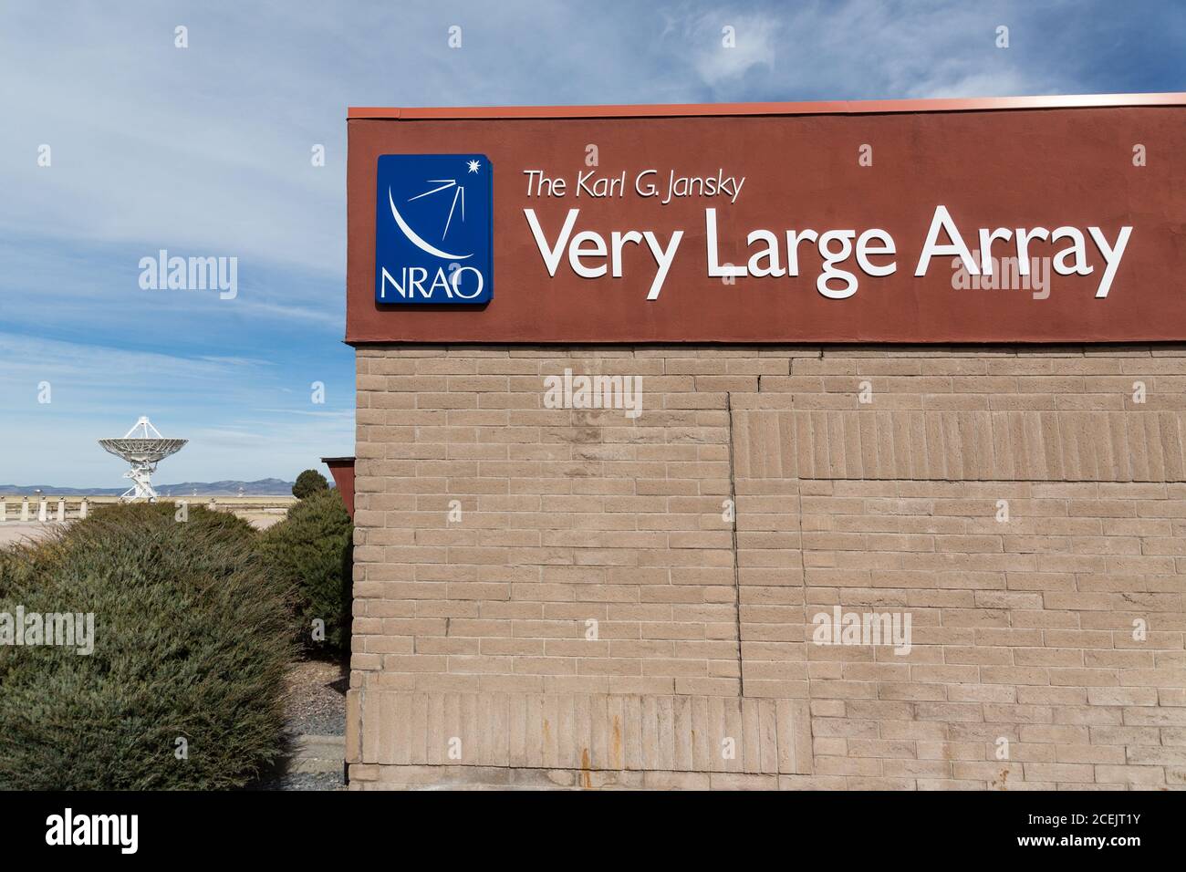Visitor center and antenna dishes of the Karl G. Jansky Very Large Array radiotelescope astronomy observatory near Magdalena, New Mexico in the United Stock Photo