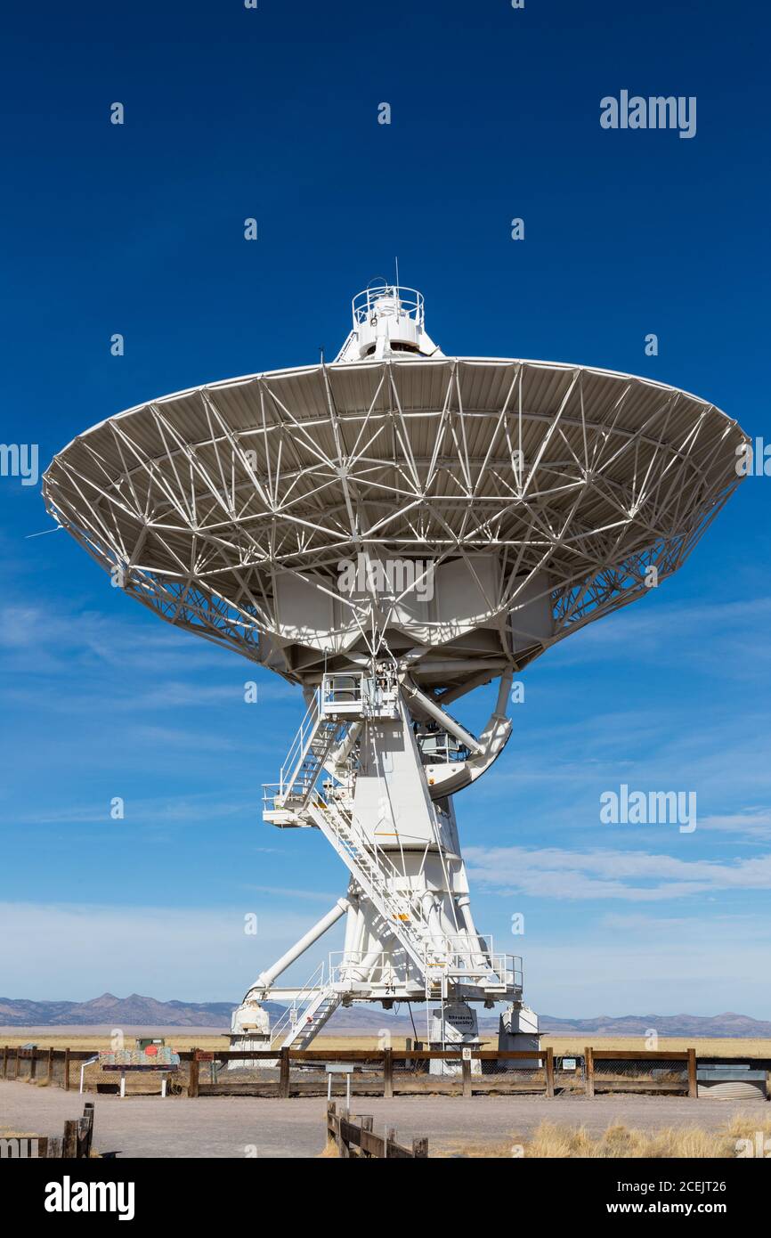 An antenna dish of the Karl G. Jansky Very Large Array radiotelescope astronomy observatory near Magdalena, New Mexico in the United States.  The Very Stock Photo