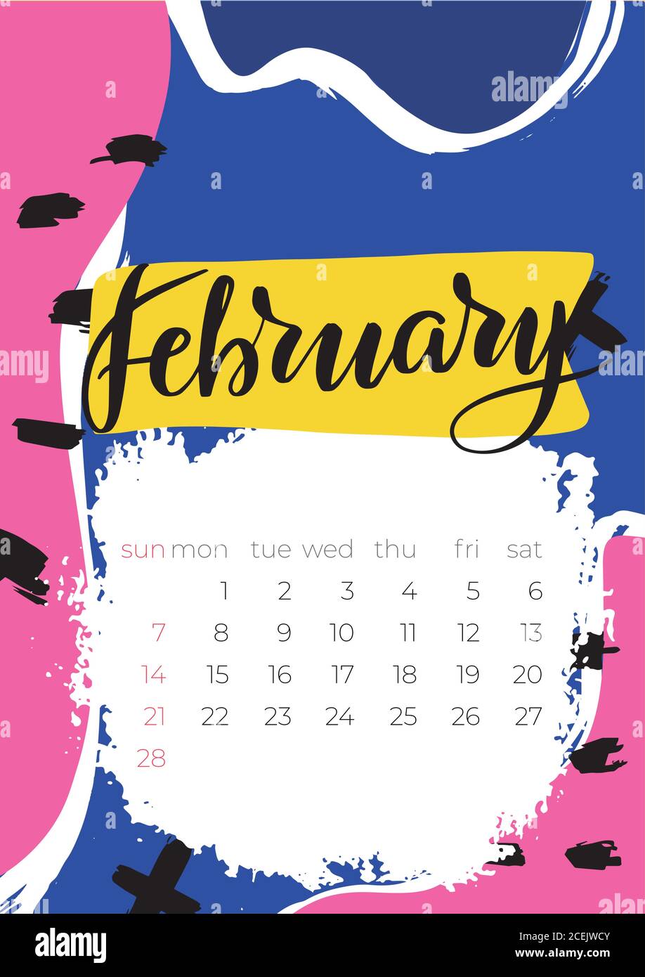 2021 february calendar with calligraphy lettering. Desk calendar, planner desig Stock Vector
