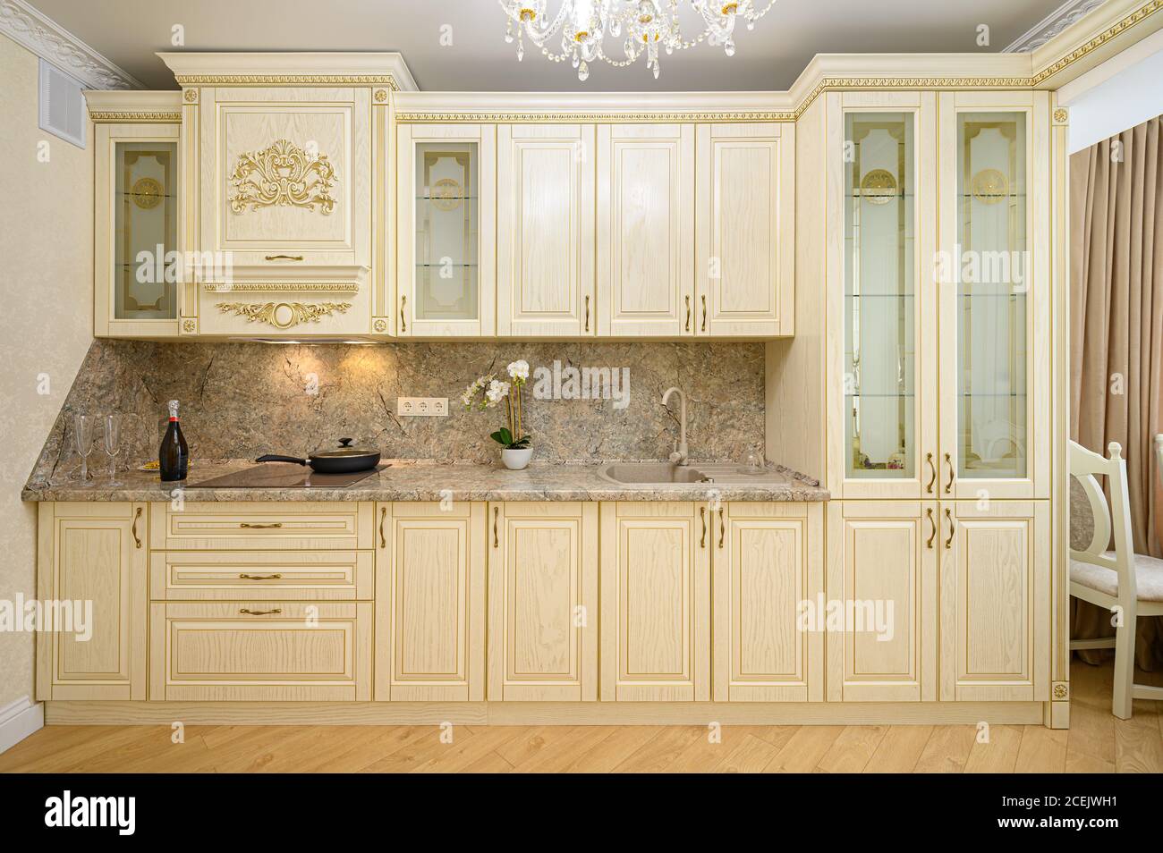 Luxury modern neoclassic beige kitchen interior Stock Photo