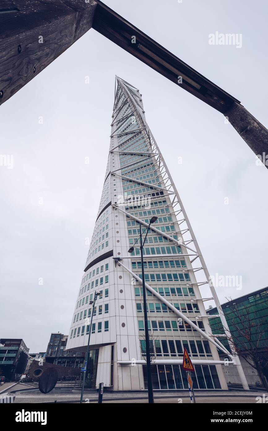 From below shot of contemporary highrise skyscraper with twisted design in  white metal construction, Denmark Stock Photo - Alamy