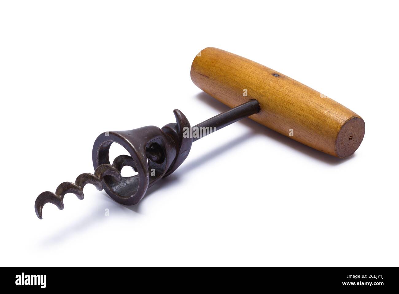Old Cork Screw With Wood Handle Isolated on White. Stock Photo