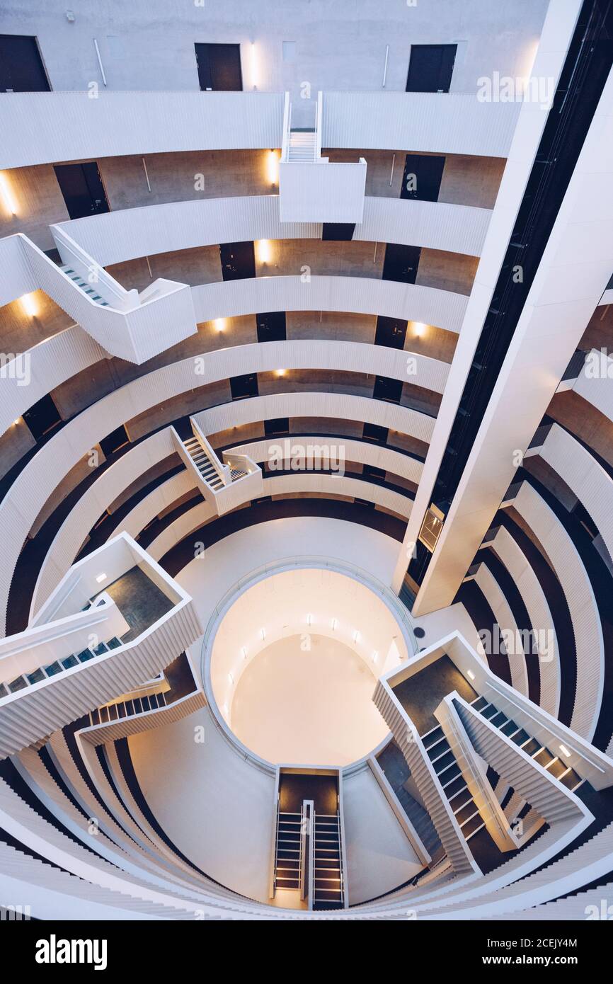 From above view contemporary design hall stairs elevator spiral floors