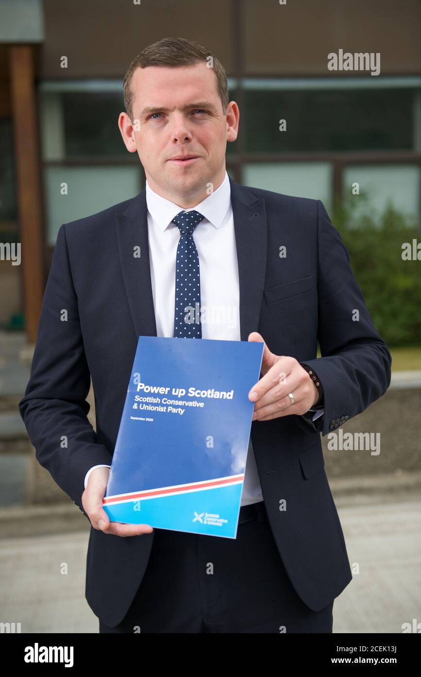 Norbord, Inverness, Scotland, UK. 31 August 2020. Pictured: Douglas Ross MP.  In his first major policy announcement as Scottish Conservative leader, Douglas Ross will launches an ambitious jobs and economic recovery plan in Inverness.   A key part of the plan calls for a massive acceleration of infrastructure investment across Scotland, including a new UK and Scottish Government joint investment vehicle to expand on the success of City and Growth deals and unite all levels of government on bold infrastructure projects. Credit: Colin Fisher/Alamy Live News. Stock Photo