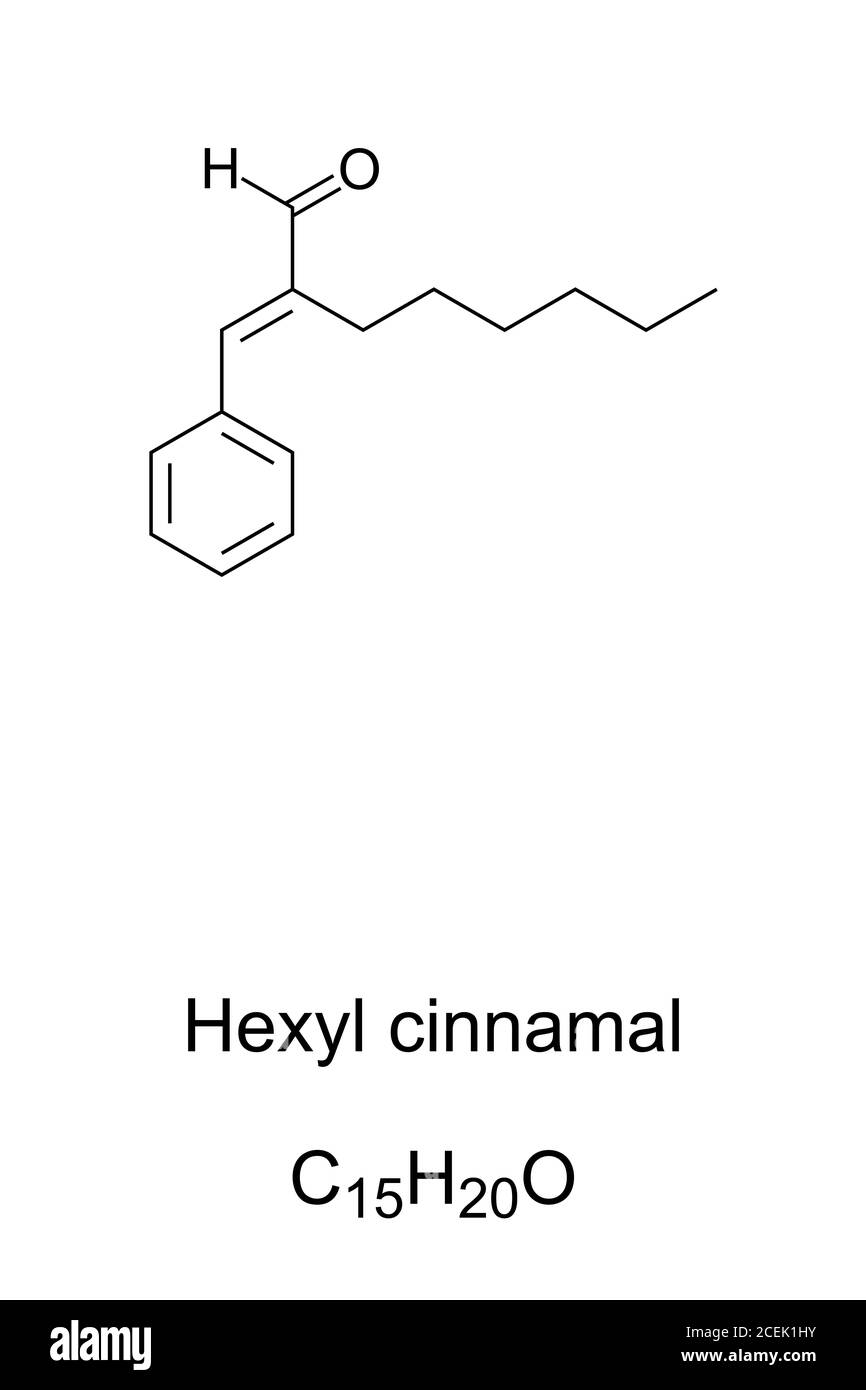 Hexyl cinnamal, chemical structure. Hexyl cinnamaldehyde is a common additive in the perfume and cosmetic industry as aroma substance. Stock Photo