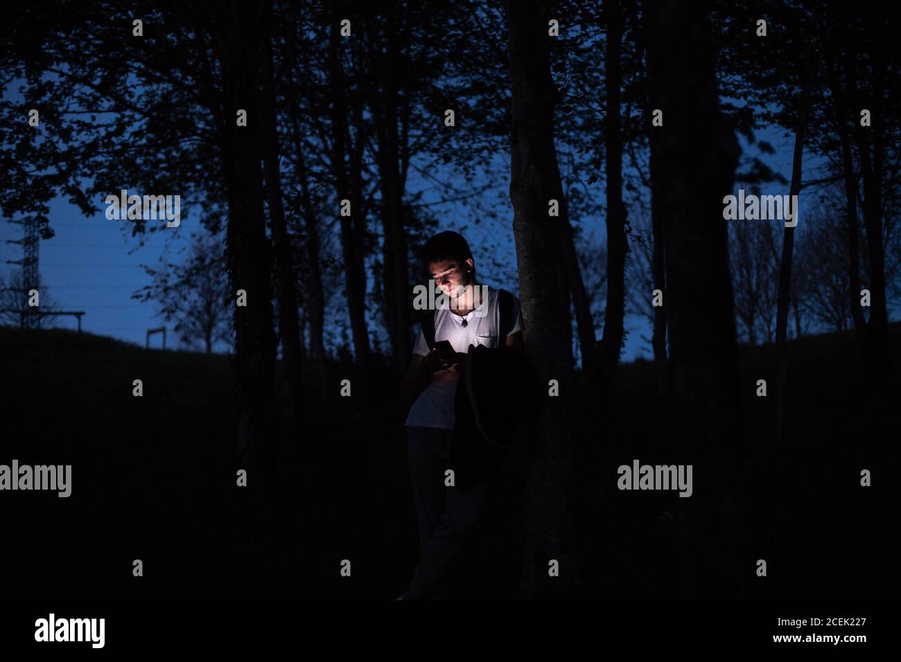 man using smartphone in dark forest Stock Photo