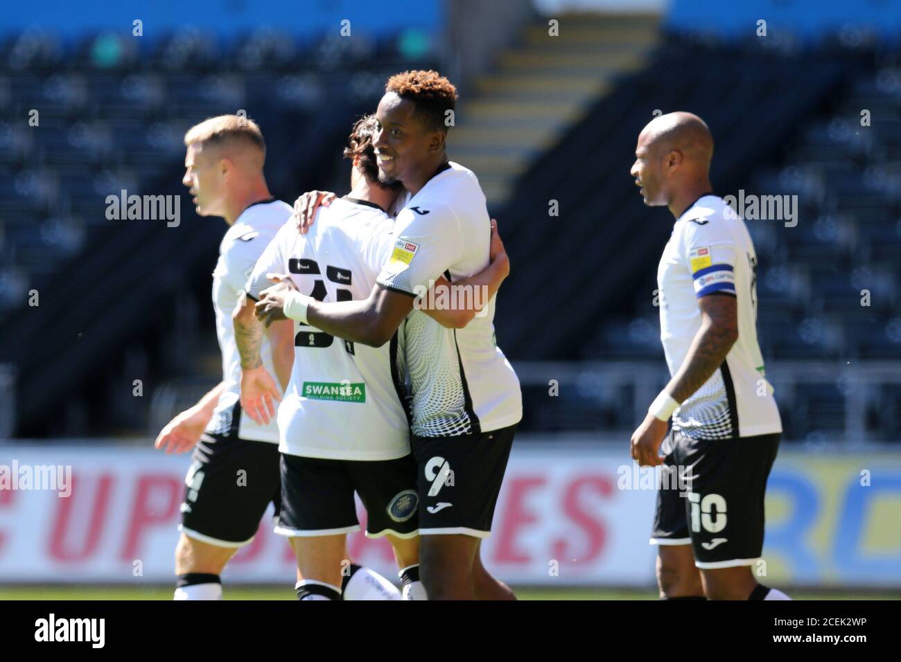 Swansea Uk 01st Sep 2020 Jamal Lowe Of Swansea City 9 Celebrates With Teammates After He Scores His Teams 1st Goal Pre Season Friendly Match Swansea City V Forest Green Rovers At The
