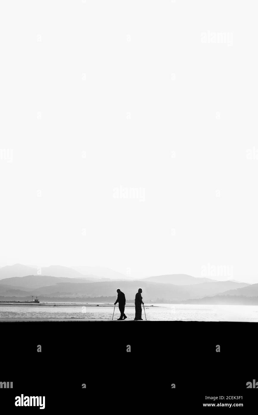 Silhouettes of senior male and female with canes walking away from each other near wonderful sea in beautiful nature Stock Photo