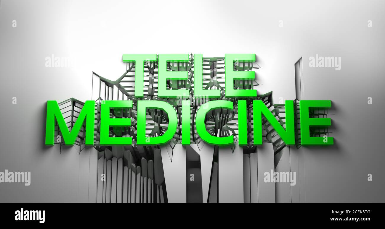 Green Telemedicine lettering against an abstract cracked white wall. 3d illustration Stock Photo