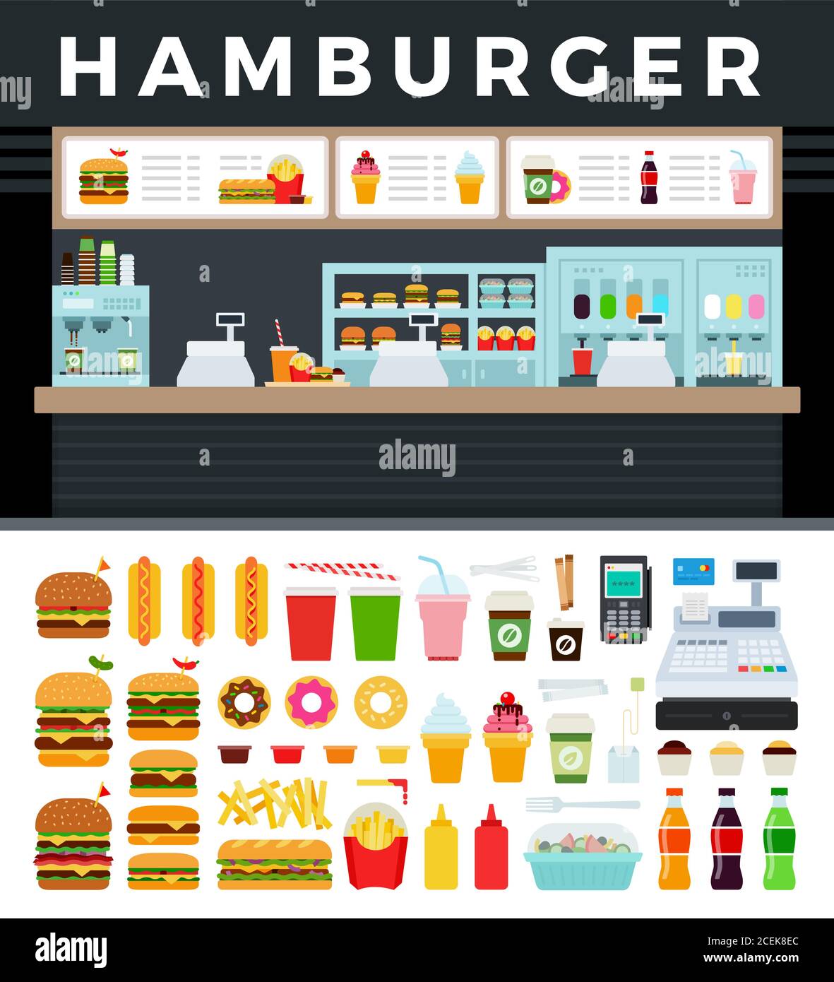 Image of a fast food store with a hamburger sign vector illustration in