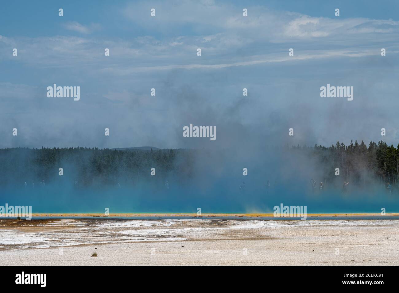 Colorful Steam coming out of Grand Prismatic Spring, Yellowstone Park Stock Photo