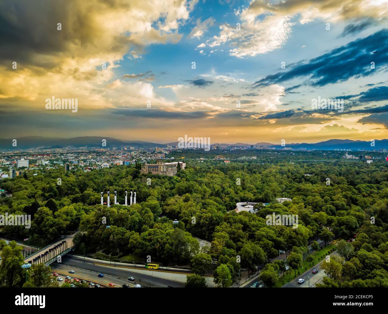 Mexico City -  Sunset at Chapultepec Castle and park panoramic view Stock Photo