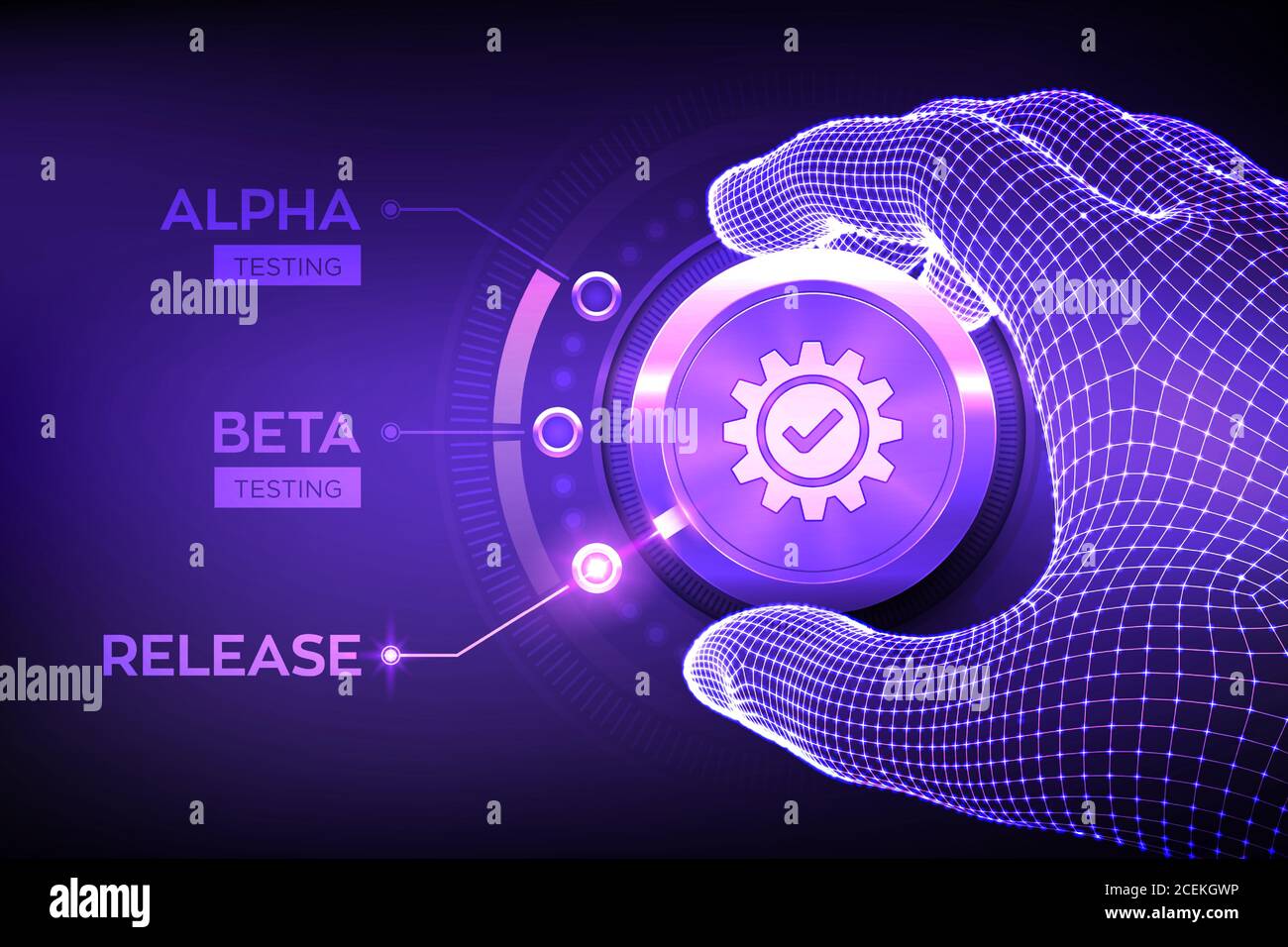 Software testing engineering concept. Alpha Beta Release testing. Wireframe hand turning a test