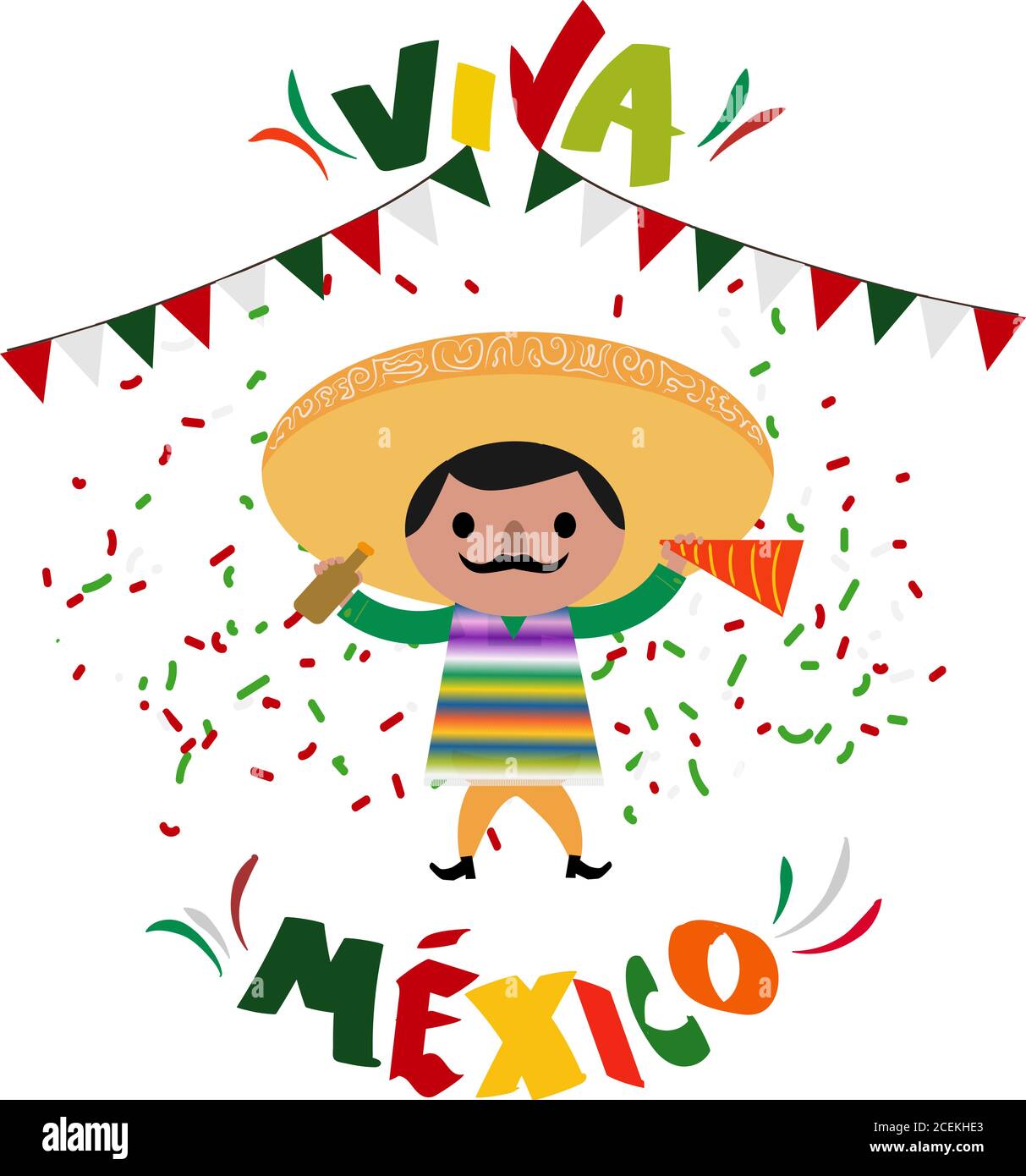 Mexican Independence day celebration - Man celebrating - text in spanish: Long live Mexico Stock Vector