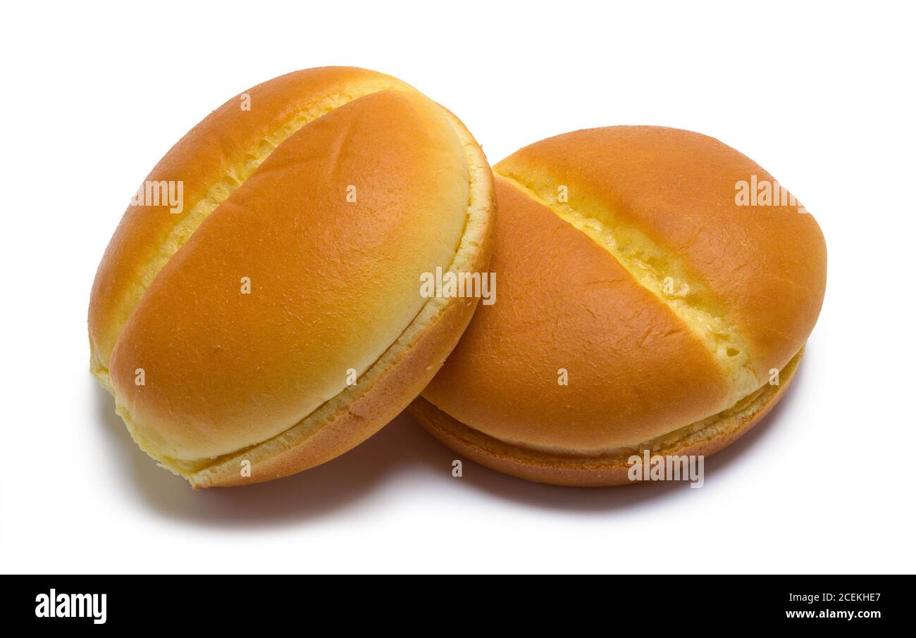 Two Gourmet Hamburger Buns Isolated on White Background. Stock Photo
