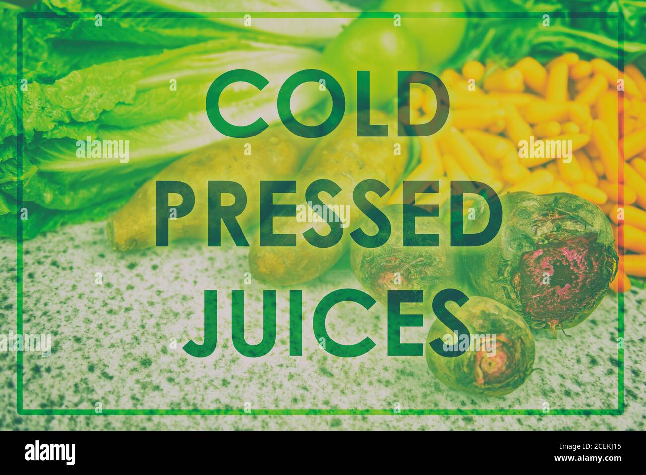 Juice text as title on poster. Words COLD PRESSED JUICES for advertising sign over picture of fresh vegetables. Detox, dieting, clean eating Stock Photo
