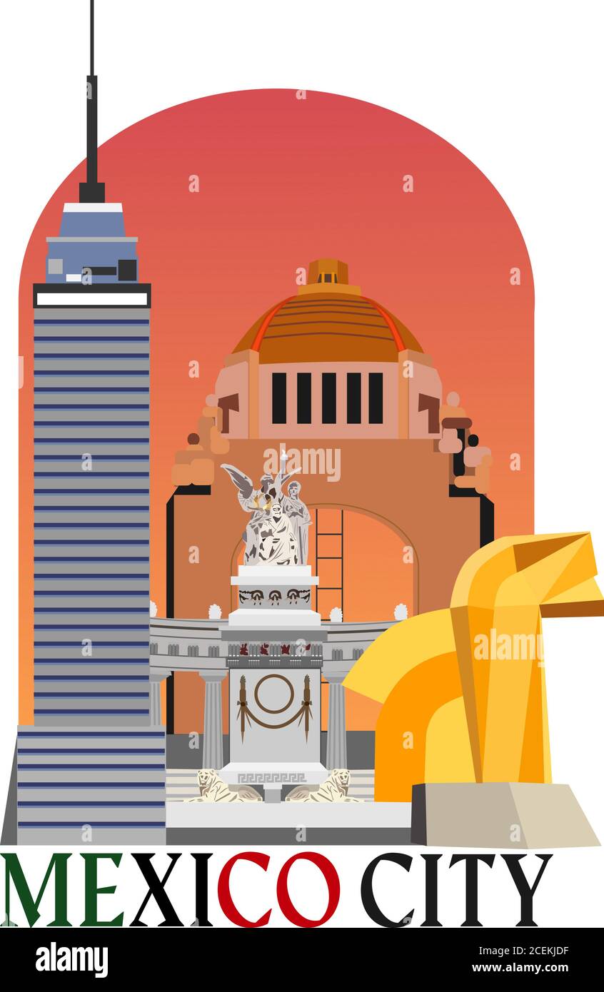 Mexico City iconic buildings collage illustration Stock Vector