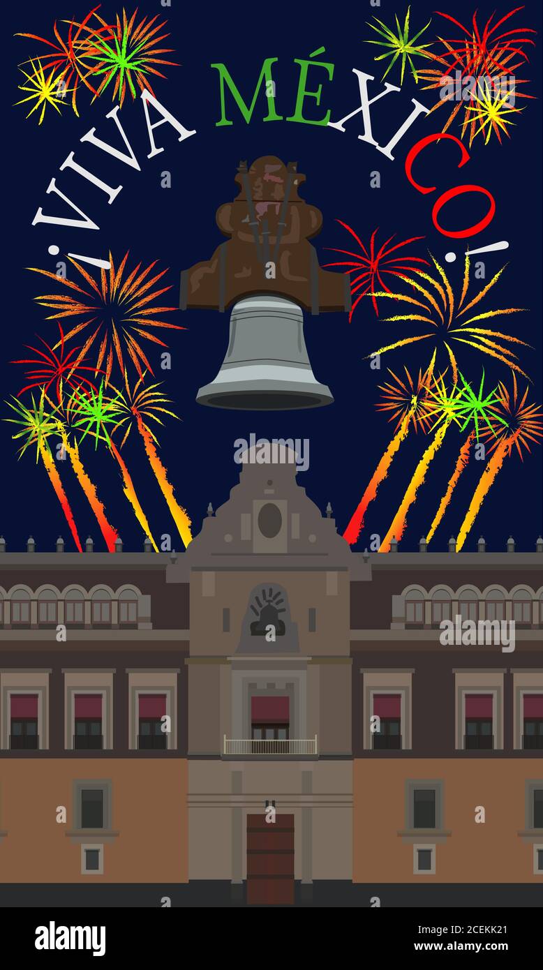 National Palace facade with fireworks and Dolores Bell, independence day celebration