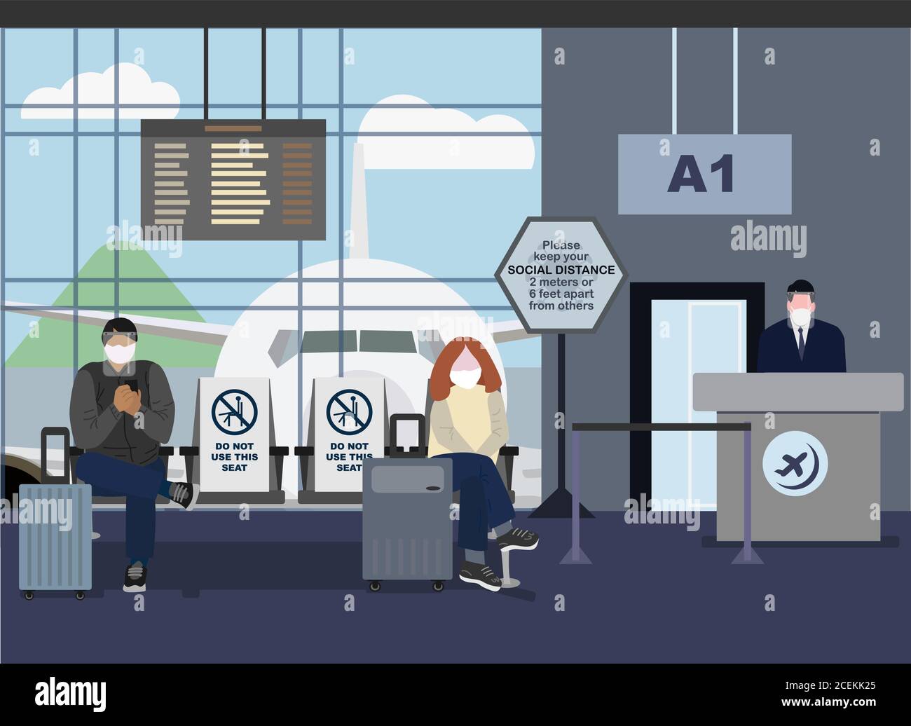 People waiting to board the plane wearing face mask and face shield maintaining social distance