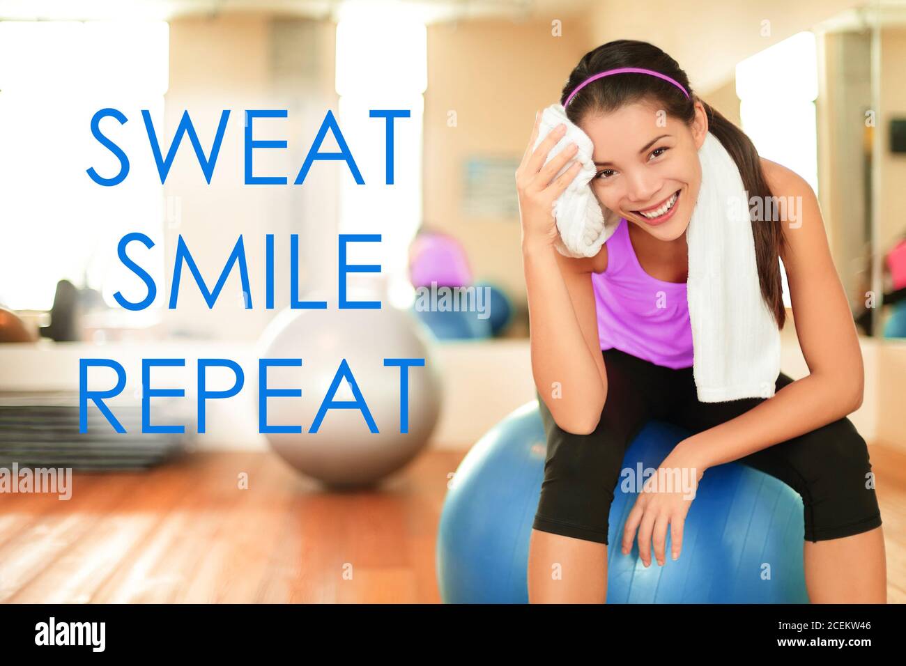 Fitness motivational quote for weight loss motivation. Words SWEAT SMILE REPEAT on gym background with fit Asian woman sweating doing exercise Stock Photo