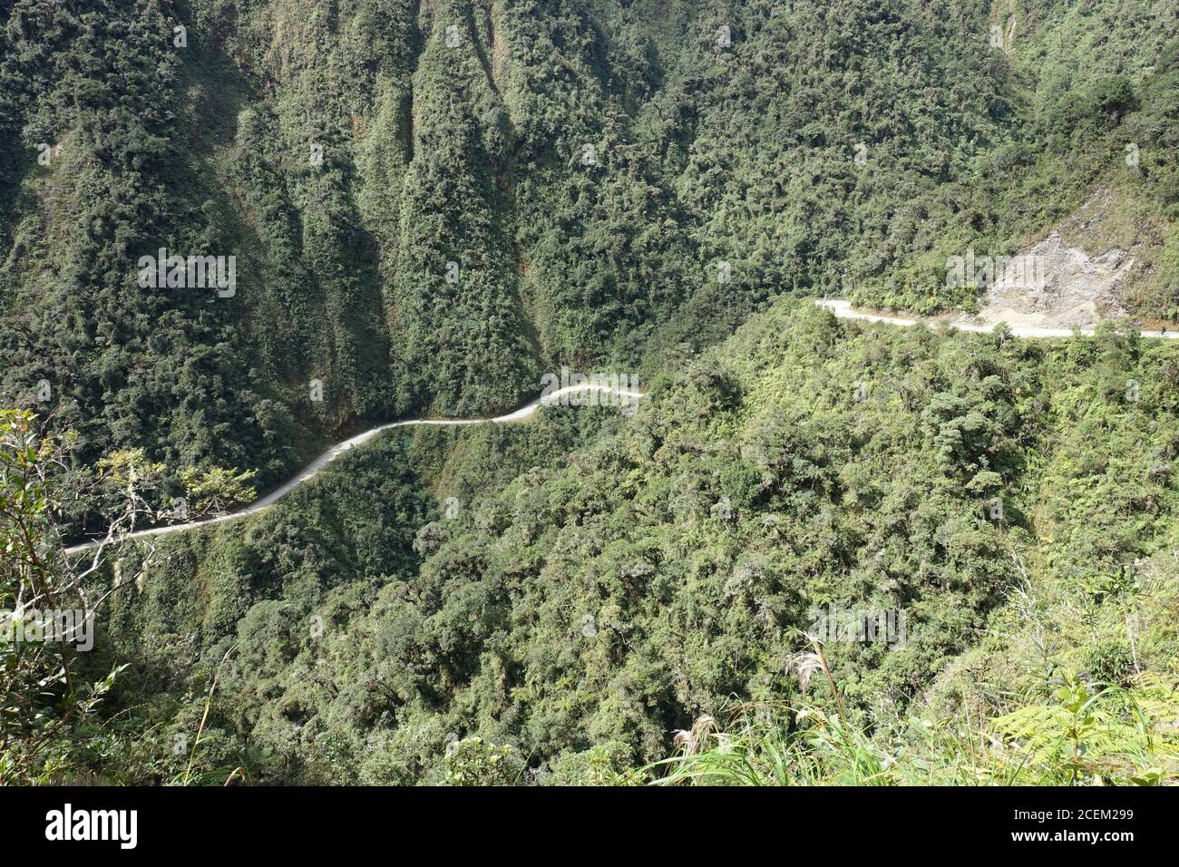 Bolivia Death Road - Downhill mountain Yungas Road panoramic view Stock Photo