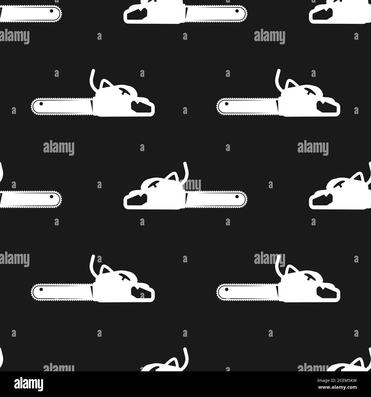 seamless chainsaw pattern white on black background. Vector image Stock Vector