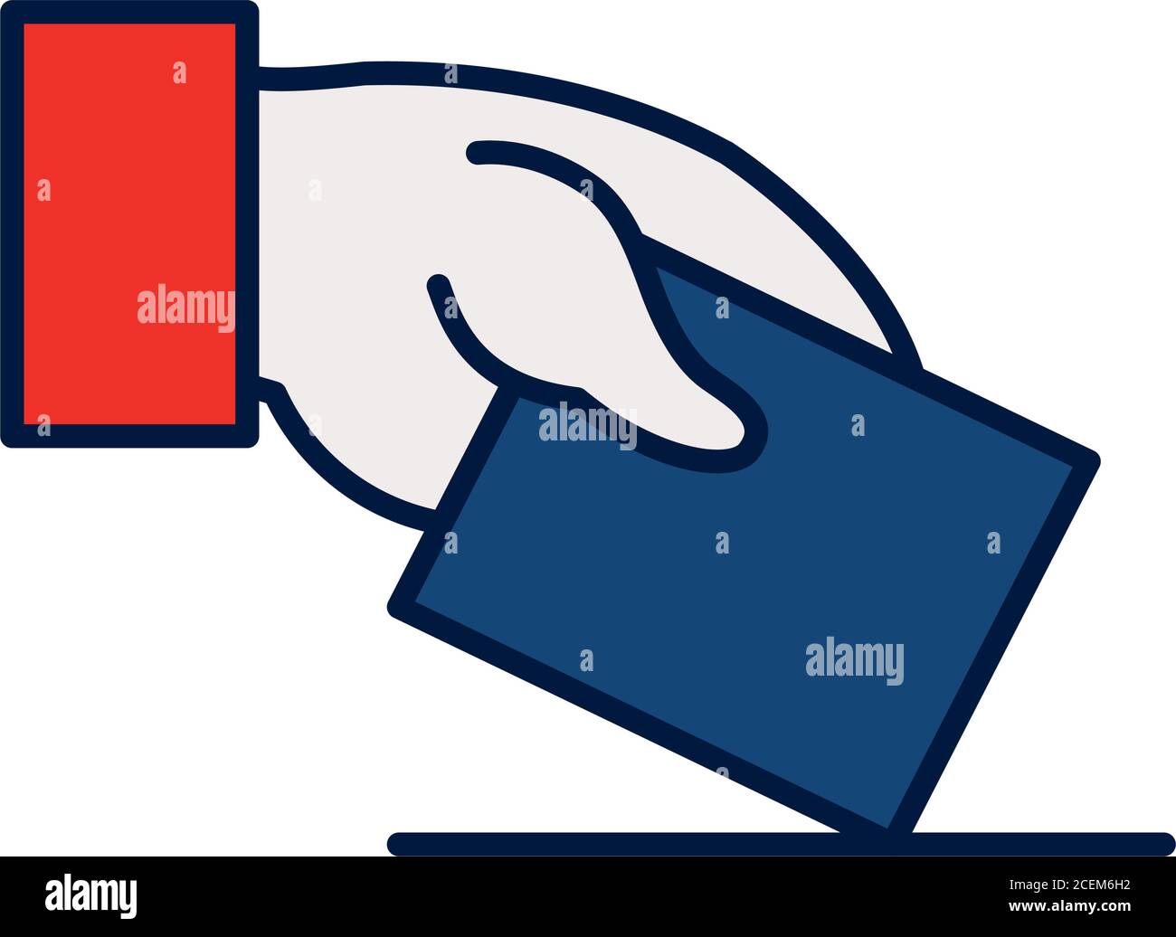 hand with polling card icon over white background, line and fill style ...