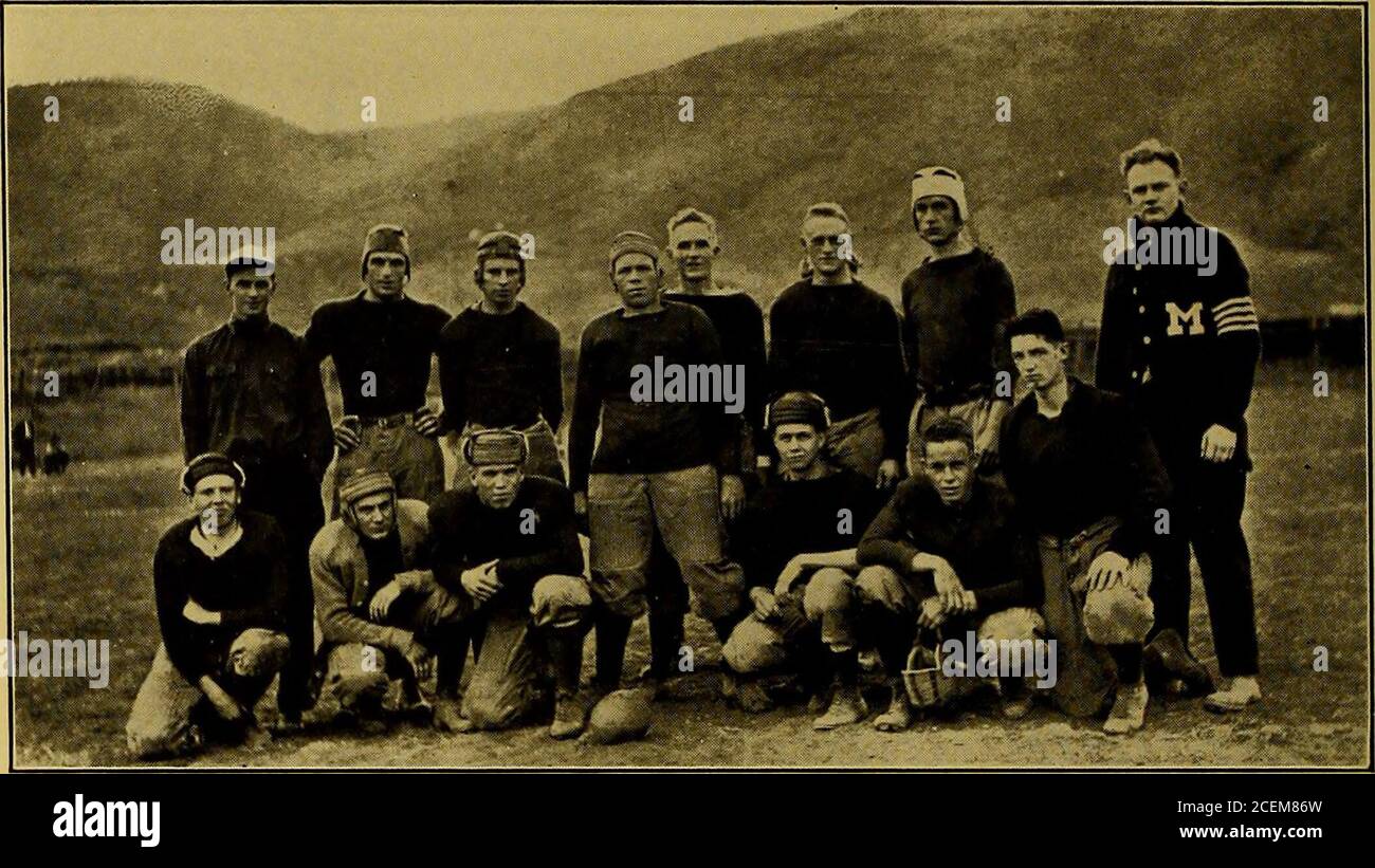 . The Prospector : annual of the Colorado School of Mines. 97 ma ApaosPE.cTOi3, ^ cm. Left to Right—Standing: Hunter, Young, Griffen, McCall, Eyman, Schneider, Robertson,Cadot. Kneeling: Crispelle, Eisele, Dawson, Mayhugh, Bird, Tongue. Clje jFre0!)man JFootaall Ceam H. G. Schneider Captain K. M. Hunter Manager J. J. Cadot, 15 Coach Under the efficient coaching of Johnnie Cadot this team played an importantpart in the making of the 1914 champions. Night after night they went out and gavethe Varsity the practice so needed in the development of a winning team. In addition,they had a schedule of Stock Photo