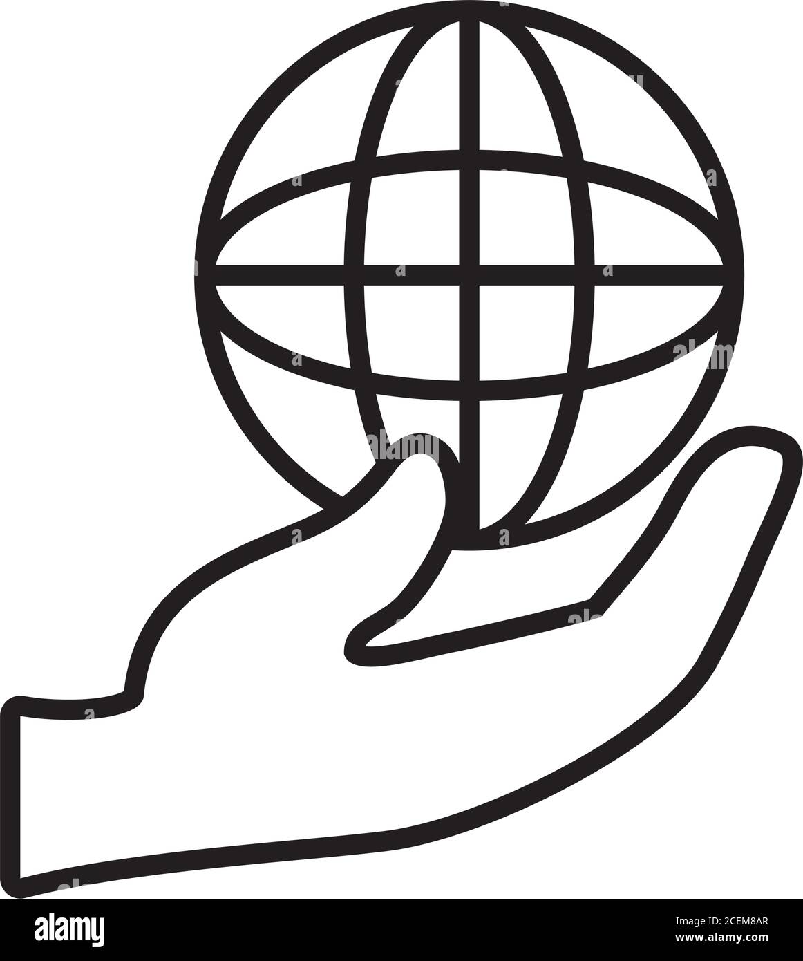 hand with global sphere icon over white background, line style, vector ...