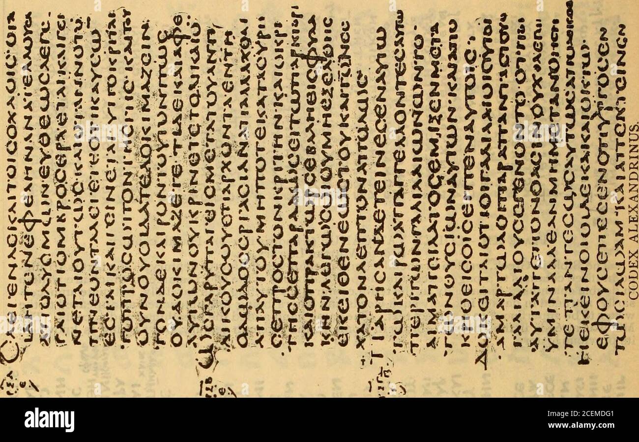 . The Holy Bible containing the Old and New Testaments ... Plate XIX.—DOCUMENT ON PAPYRUS, FROM EGYPT, in the form of a roll bound round Qwith strips of papyrus and sealed with two clay seals; of the Graeco-Roman period.(British Museum.). Plate XIV.-CODEX ALEXANDRINUS (St. Luke xii. 54-xi. 4)—Fifth century.(British Museum, Royal MS. 1. D. v-viii.)The Bible in Greek, written in uncial letters in the fifth century. The text is arranged in twocolumns to a page. It once belonged to the Patriarchal Chamber of Alexandria (whence its name),and was probably carried away by Cyril Lucar, Patriarch of Al Stock Photo