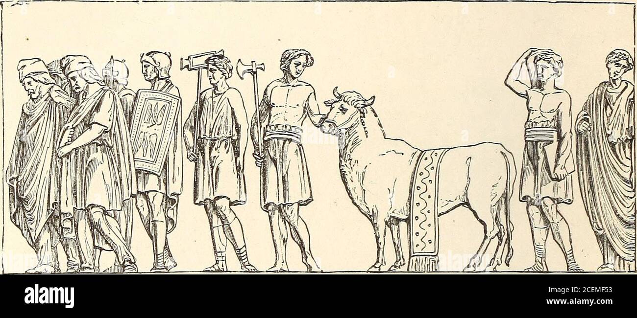 . The life of the Greeks and Romans. Fig. 537. from the arch of Severus, the trophy from the theatre of Orange.Fig. 534, soldiers with carts containing stores, is taken from thecolumn of Severus: we add it for the sake of completeness.Fig. 536, from the arch of Titus, shows soldiers carrying the 590 THE TRIUMPH. treasure of the temple of Jerusalem: in front the golden table ofsacrifice, the chalice, the tubce used at the Jewish service, andfurther back the seven-branched candlestick. Magistrates clad inthe toga accompany these valuable pieces of booty. Fig. 537,. Fig. 538. Fig. 539. from the s Stock Photo