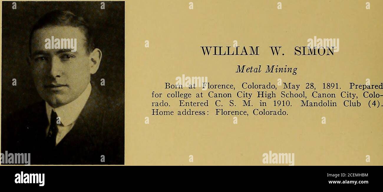 . The Prospector : annual of the Colorado School of Mines. JOHN R. SHANLEY, JR.B©n, @T Metallurgy Born at Denver, Colorado, August 12, 1890. Preparedfor college at West Denver High School. Entered C. S. M.in 1911. Baseball (1, 2, 3); Football (1, 2, 3, 4); .11-Rocky ^Mountain End (2, 3, 4) ; All-Rocky MountainCaptain (4j. Home address: Denver, Colorado. 29 1Q16 ^PaOSPElCTOa ^. JOHN N. TEETS2AE, Trowel Culb Metallurgy Born at Junction City, Kentucky, November 17, 1890.Prepared for college at Newton, Illinois, High School andAnnapolis Preparatory. Entered C. S. M. in 1911. JuniorProm. Committee Stock Photo