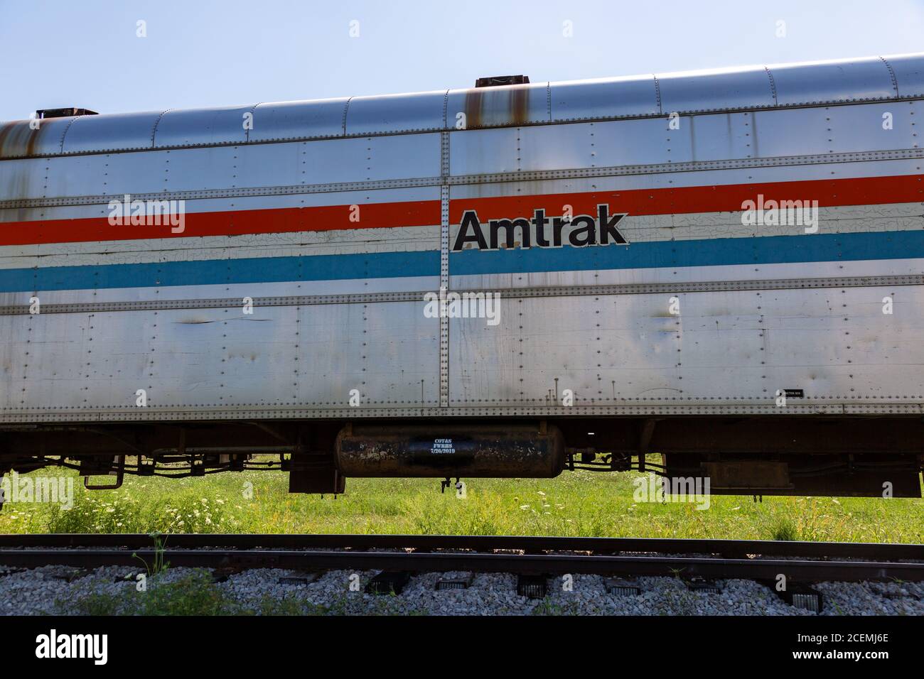 An Amtrak baggage car sits on the grounds of the Fort Wayne Railroad Historical Society in New Haven, Indiana, USA. Stock Photo