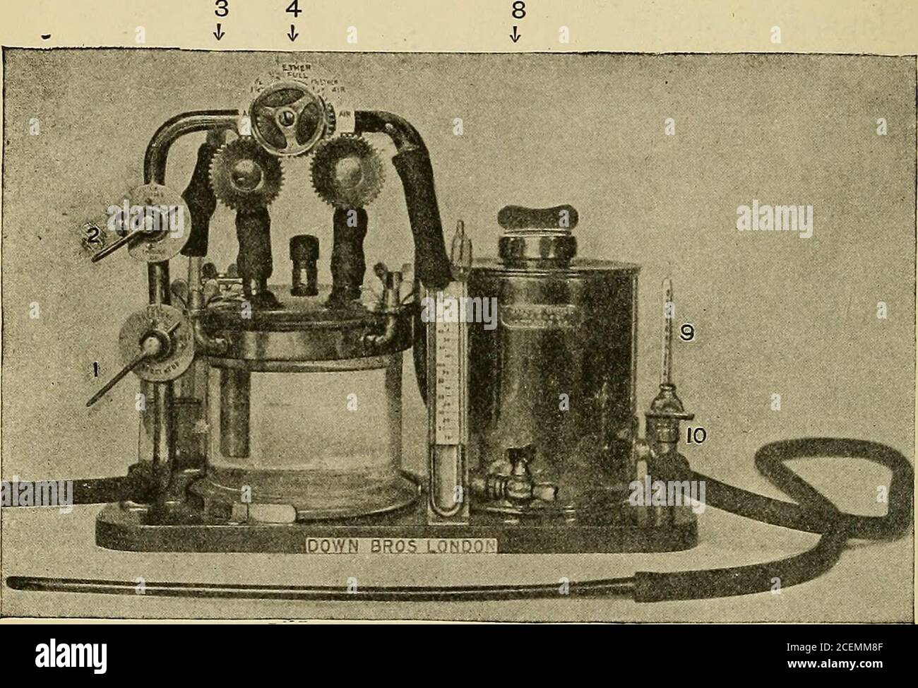 . Anaesthetics : their uses and administration. e use of head mirror or electric illumination. One of the best apparatus in use in this country is thatdevised by Dr. Shipway. The illustration (fig. 47) will enablethe reader to understand the working of the instrument. It isa modification of Kellys apparatus, being more compact, andthe length of tubing between the ether supply and the patientbeing curtailed enables the ansesthetist to deliver his ether airmixture at about body temperature. Dr. Shipway cocainisesthe epiglottis and neighbouring structures, using a 5 per cent,solution, and passes Stock Photo