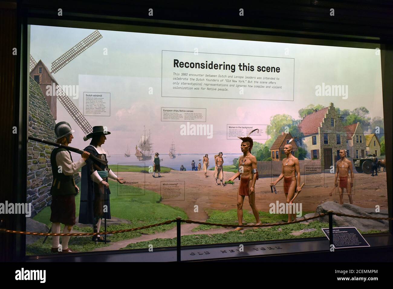 New York City, USA. 01st Sep, 2020. A statement mentioning missing historical information is set on the glass facade of a diorama depicting the encounter between Native Americans and Dutch colonist at the American Museum of Natural History, which is set to open on September 2, after being closed due to the COVID-19 pandemic, New York, NY, September 1, 2020. (Anthony Behar/Sipa USA) Credit: Sipa USA/Alamy Live News Stock Photo