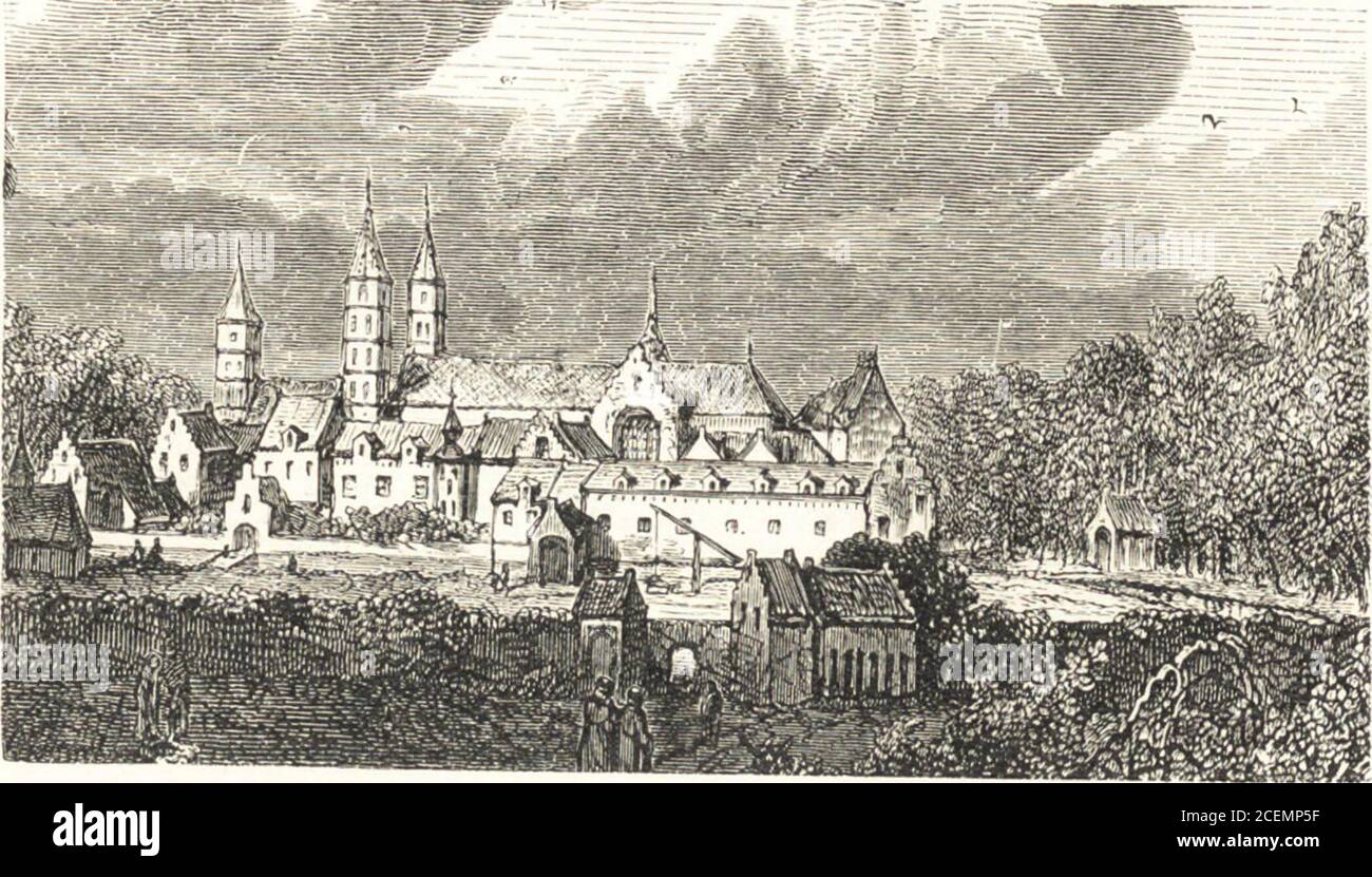 . Oud-Nederlandsche steden in haar ontstaan, groei en ontwikkeling. Afb. N°. 259. De Stadsfontein te Veere, gebouwd ten jare 1551, naar photo. 2000 HL. inhoud, zie afb. N°. 259, „waer in alle het Hemels water, vallendeop voornoemde kercke, met verscheiden looden buisen en canalen, onderde aerde doorgaende in werd geleyt, tot dienste en gerief van de burgerij e,die t selve door bijsondere kranen weten te tappen, (aldus Smallegange.) 126 DE KLOOSTERS.. Afb N°. 260. De abdij te Eg mond in de XVJe eeuw. De Kloosters. Een der eigenaardigste factoren in onze Middeleeuwsche Steden warende kloosters, Stock Photo