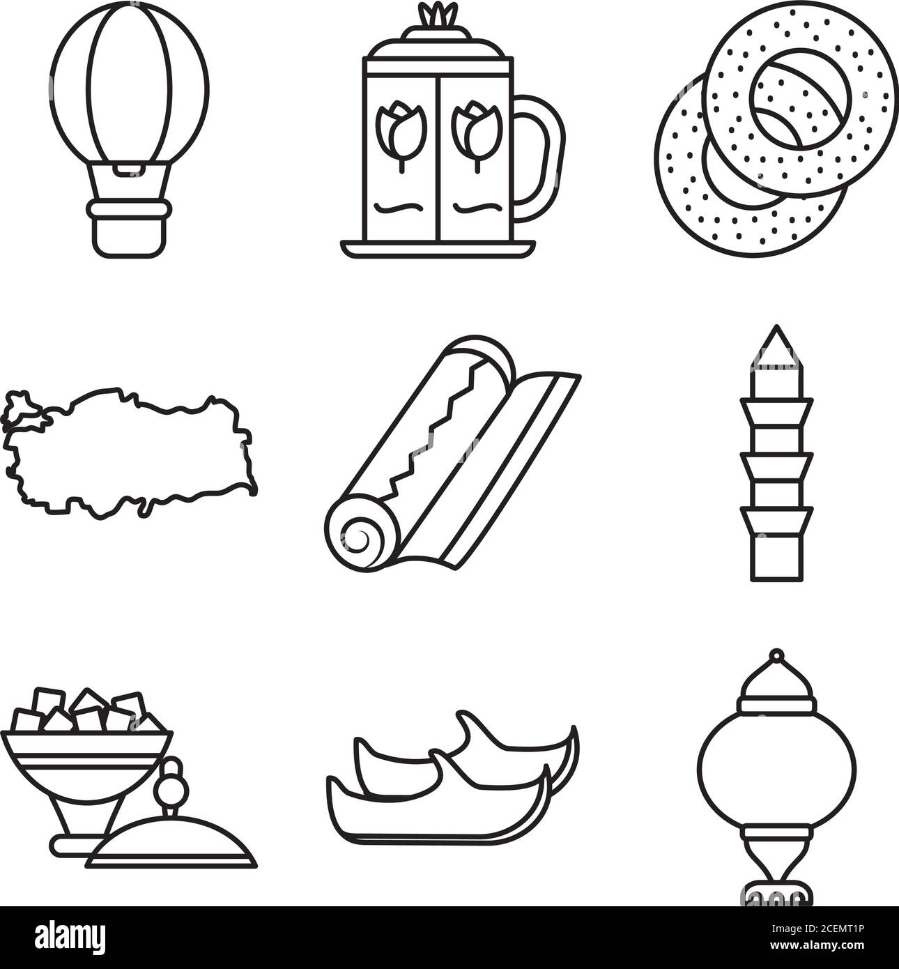 icon set of hot air balloon and turkey country over white background, line style, vector illustration Stock Vector