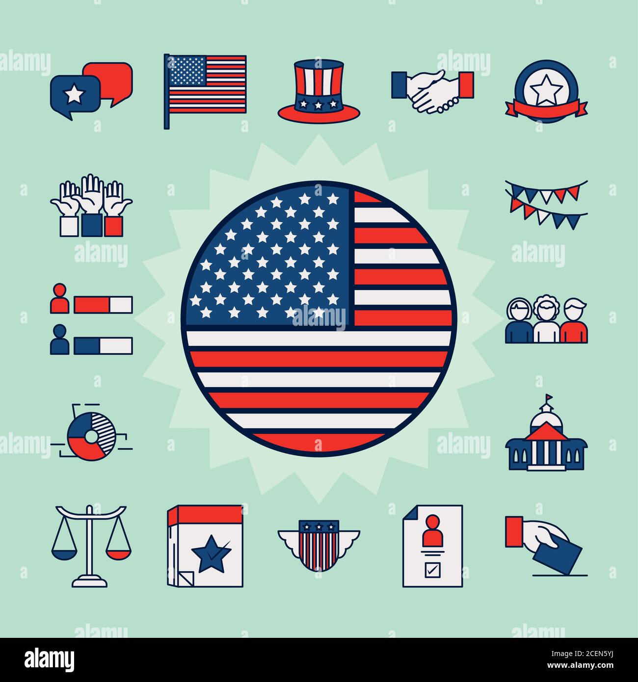 usa flag and elections icon set over green background, line and fill ...