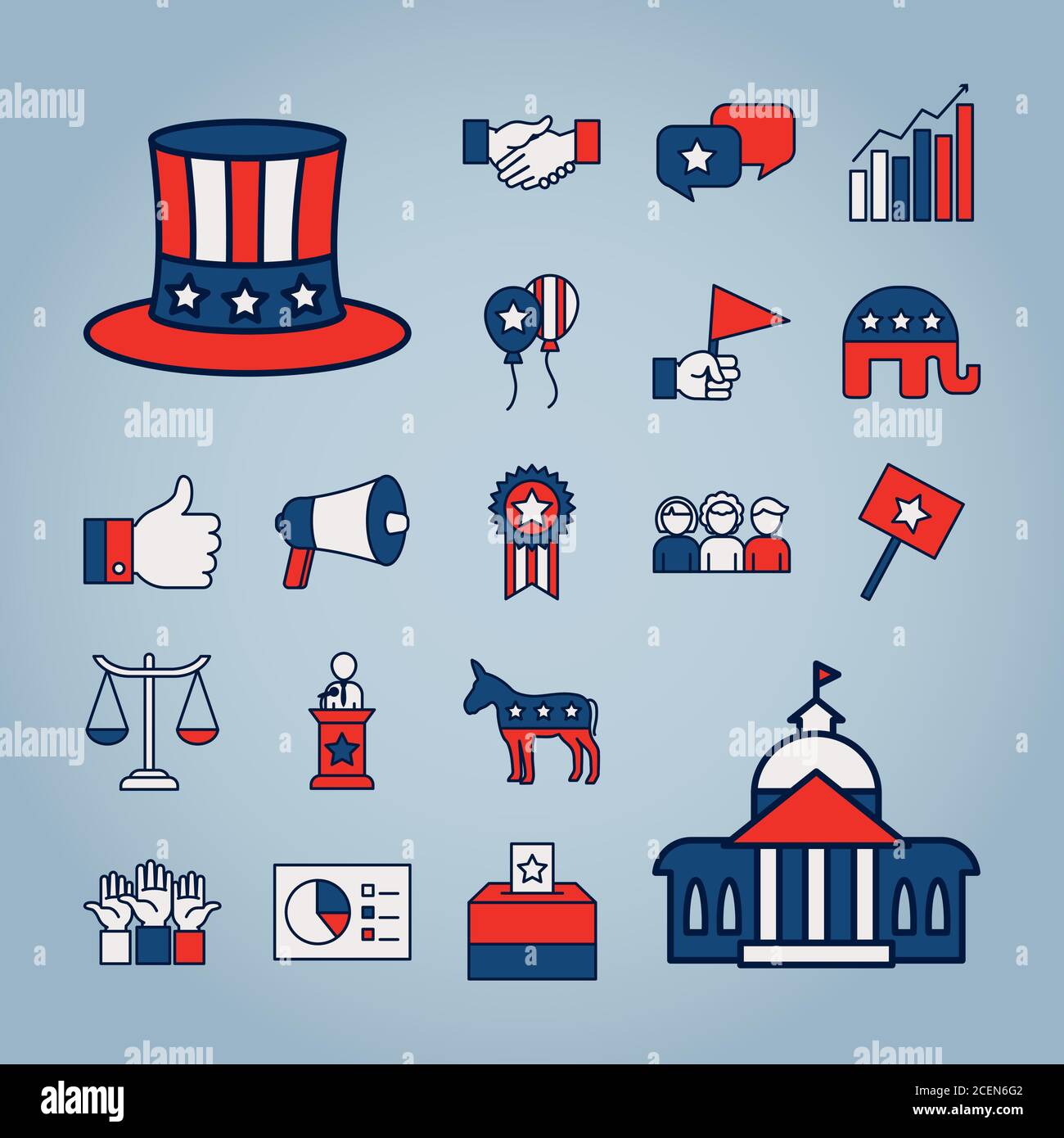 icon set of usa and elections over gray background, line and fill style ...
