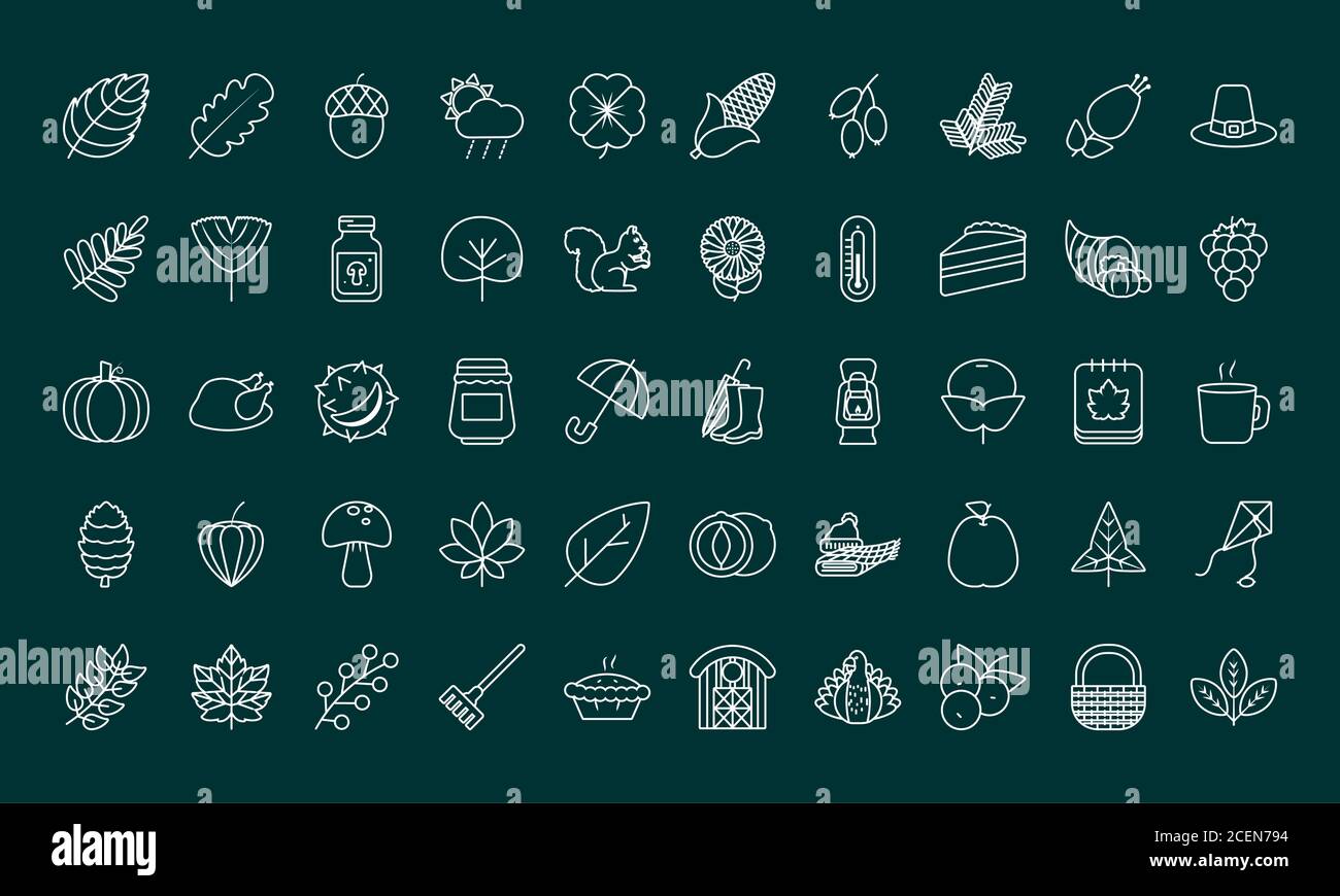 autumn icon set over green background, line style, vector illustration ...