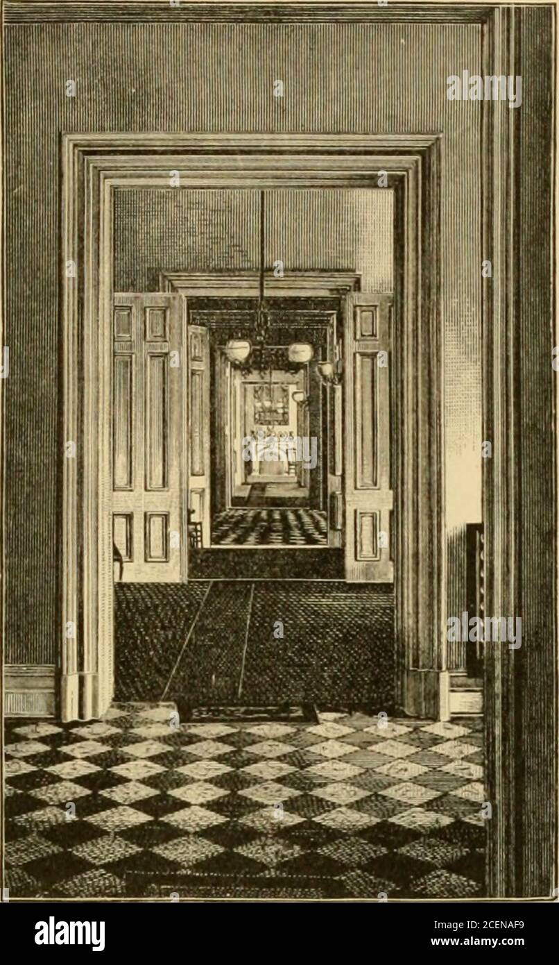 . A descriptive and historical sketch of the Academy of Mount St. Vincent on-the-Hudson, New York City. 1847-1884 ... R.EI I PTION-ROOM.Donor : Olive Chatjield. the first, having coved ceilings and four frescoed medallions invignette of St. Vincent de Paul, you reach the main hall. Pur-suing your way, you pass between fine busts of Pius IX andArchbishop Hughes, and as you now stand you occupy the linethat divides the building, the southern half being devoted to theAcademy. The vestibules and entrance-hall are tiled with white and black DESCRIPTIVE SKETCH. 23. RECEPTION-ROOMS. SECTIONAL VIEW, L Stock Photo