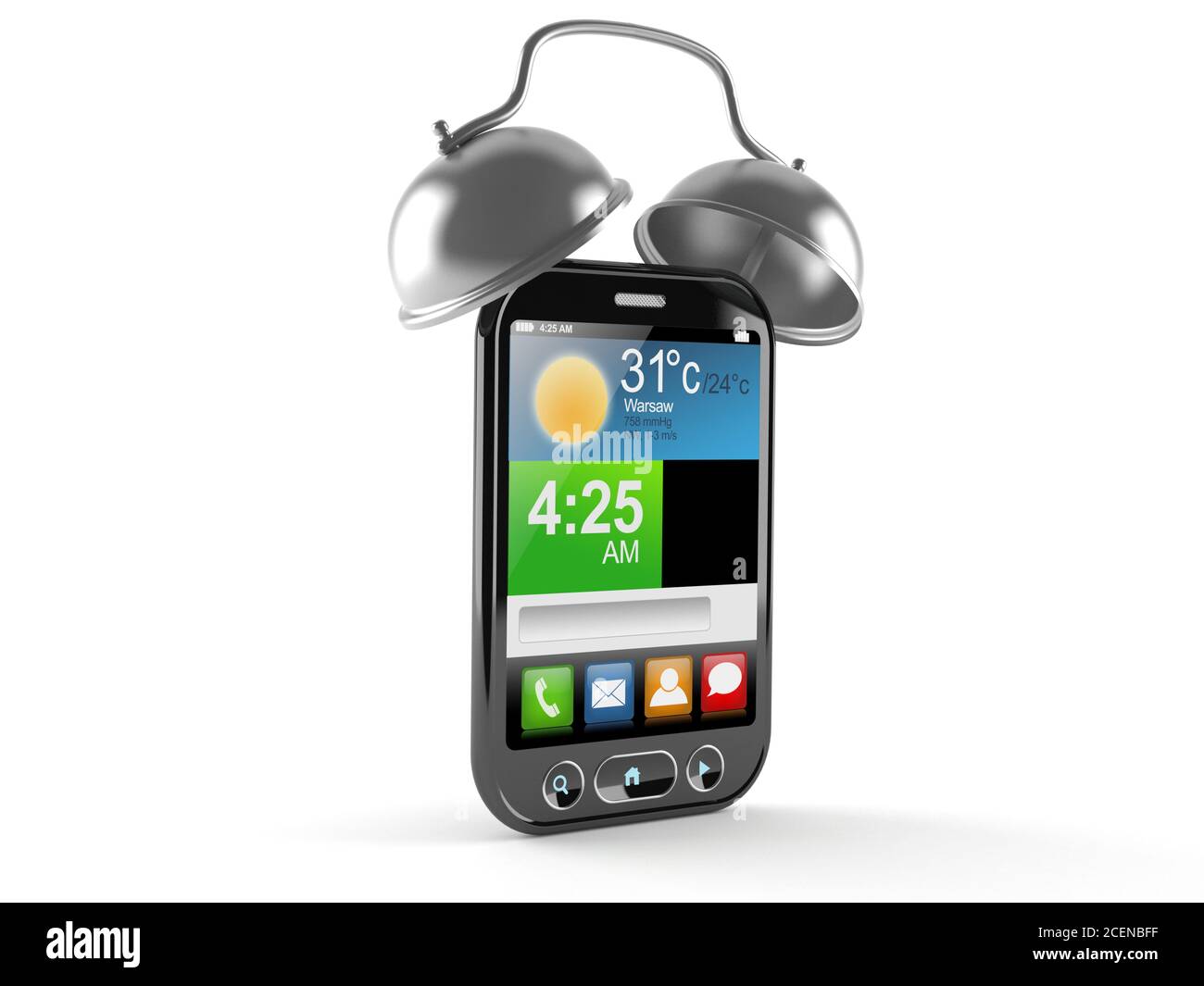 Smart phone with alarm clock isolated on white background Stock Photo