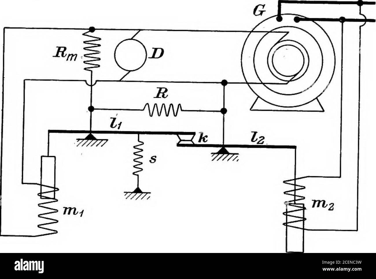 . A text-book of electrical engineering;. which is in series with the fieldwinding J?^ of the dynamo is periodically short-circuited by the contact k,so that the field current is constantly pulsating. The rocking lever l^ issubjected to two opposing forces, due respectively to the spring s and thedownward pull on the soft iron core of the electromagnet w^ the coil ofwhich is connected across the terminals of the dynamo D. The core of theelectromagnet m^, is below its coil so that the upward attractive force isin opposition to the force of gravity. The coil of m^, is connected across thealterna Stock Photo