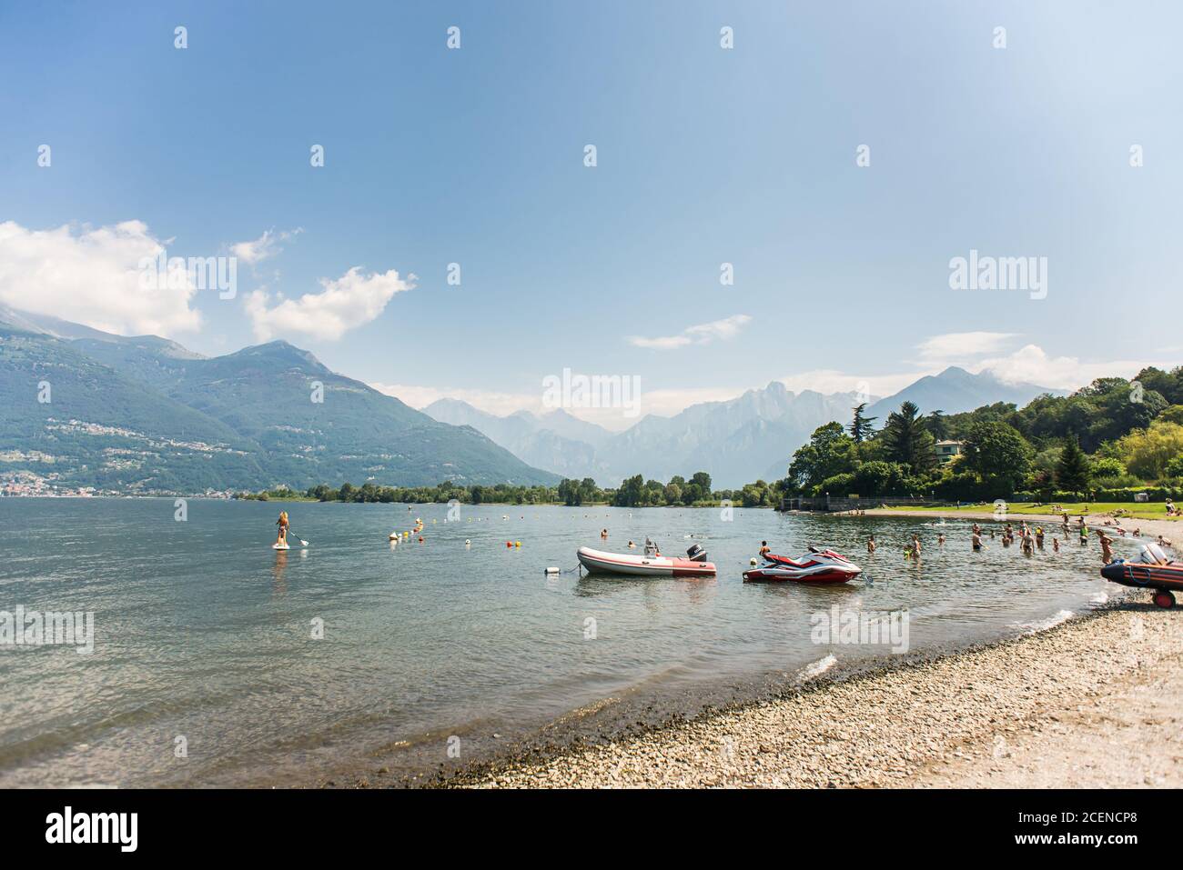 Lake Como. Italy - July 21, 2019: Recreation Area of Colico City. Beach on Lake Como in Italy. Stock Photo
